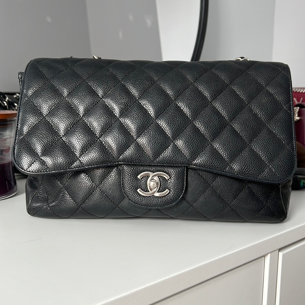 CHANEL JUMBO CAVIAR SINGLE FLAP BAG black silver